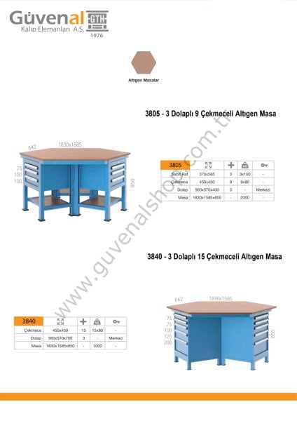 3805 - 3 Dolaplı 9 Çekmeceli Altıgen Masa