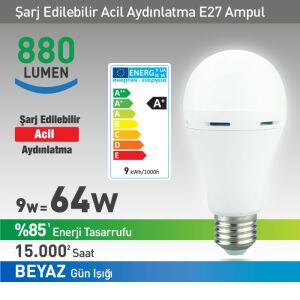 AMPUL LED NEXT ŞARJLI E27 9W 4000K ILIK BEYAZ IŞIK YE-E27-9W