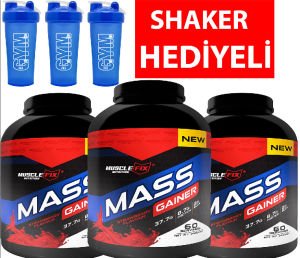 Muslefix Mass Gainer 3kg Çilek Aromalı 3 ADET  + 3 ADET SHAKER HEDİYELİ
