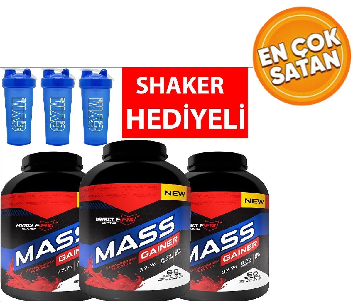 Muslefix Mass Gainer 3kg Çilek Aromalı 3 ADET  + 3 ADET SHAKER HEDİYELİ