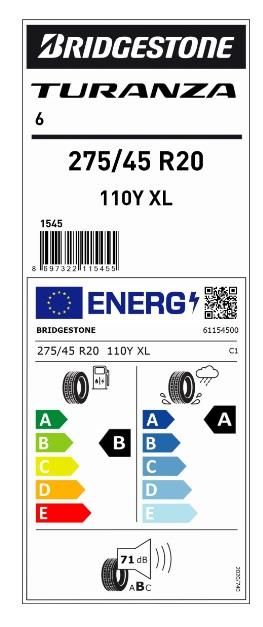 275/45R20 110Y XL TURANZA 6 BRIDGESTONE