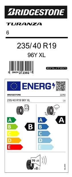 235/40R19 96Y XL TURANZA 6 BRIDGETSONE