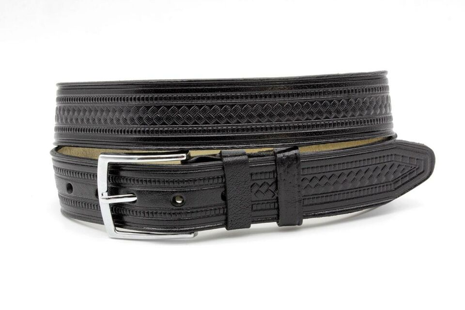 Karalı Baskılı Siyah Kösele Deri Kemer 4 cm Unisex - 3173 - 1