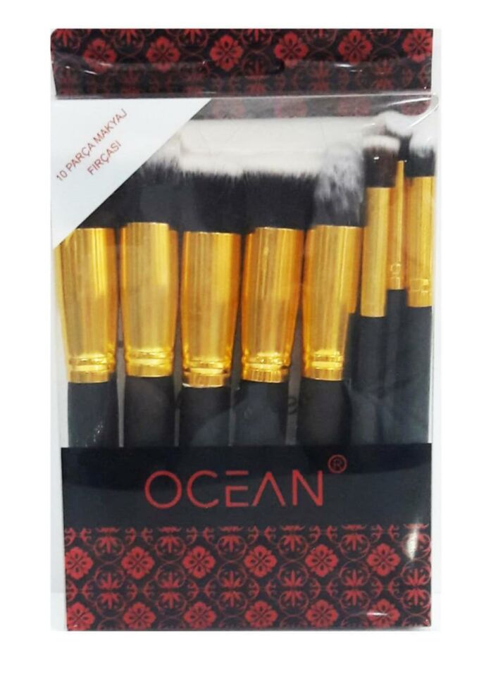 Ocean 10 Parça Makyaj Fırça Seti Siyah ve Gold Renkte Ahşap Saplı