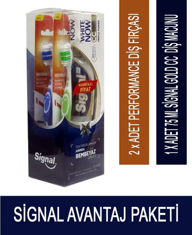 Signal White Now CC Gold Diş Macunu 75 ml + 2 Adet Diş Fırçası -orta- Seti