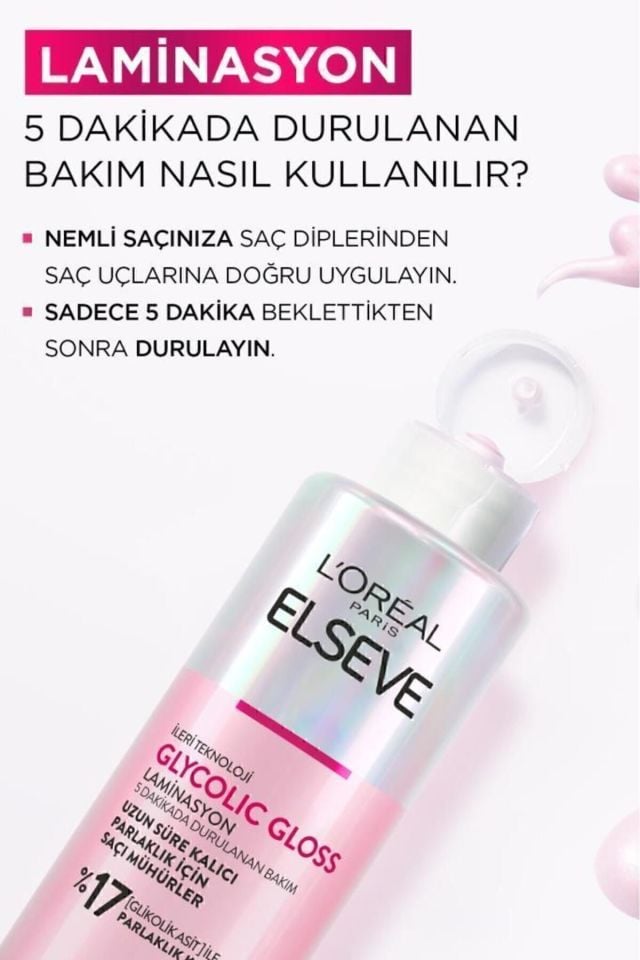 Elseve Glycolic Gloss 3lü Saç Bakım Seti Mükemmel Parlaklık Şampuan 200ML + Saç Kremi 150ML+ Laminasyon Bakım 200ML