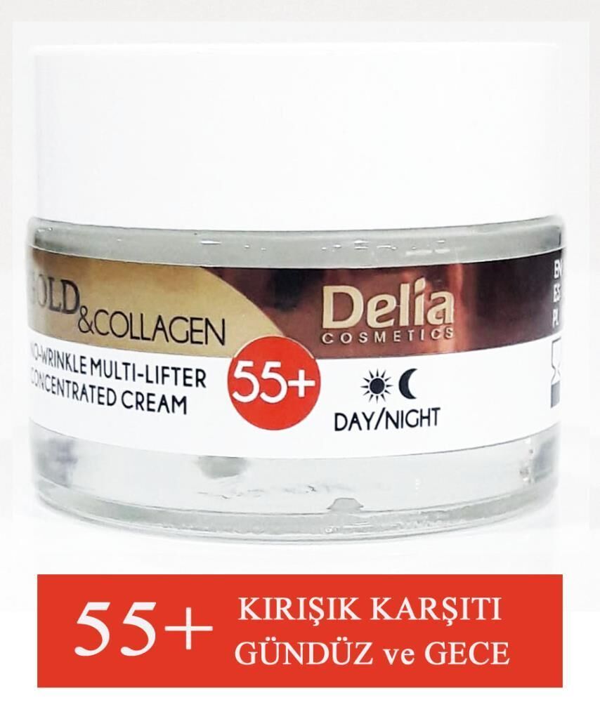 Delia Gold Collagen 55+ No-Wirinkle Kırışık Giderici Gündüz-Gece Kremi kutusuz açılmamış