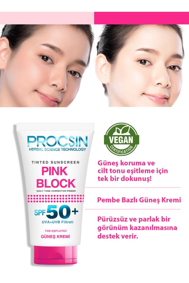 Procsin Pink Block Spf 50+ Ton Eşileyici Güneş Koruyucu Krem 50 Ml