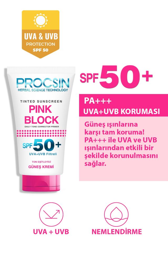 Procsin Pink Block Spf 50+ Ton Eşileyici Güneş Koruyucu Krem 50 Ml