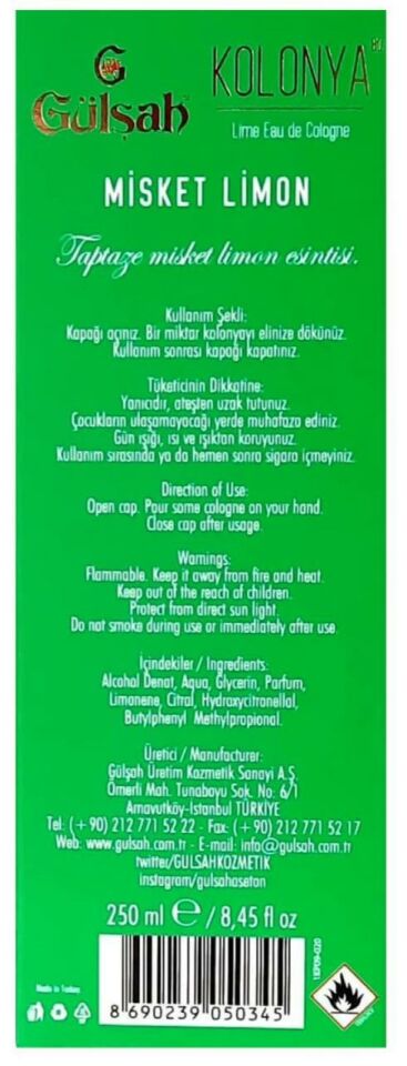 Gülşah Kolonya Misket Limon Cam Şişe 250 Ml 80 Derece