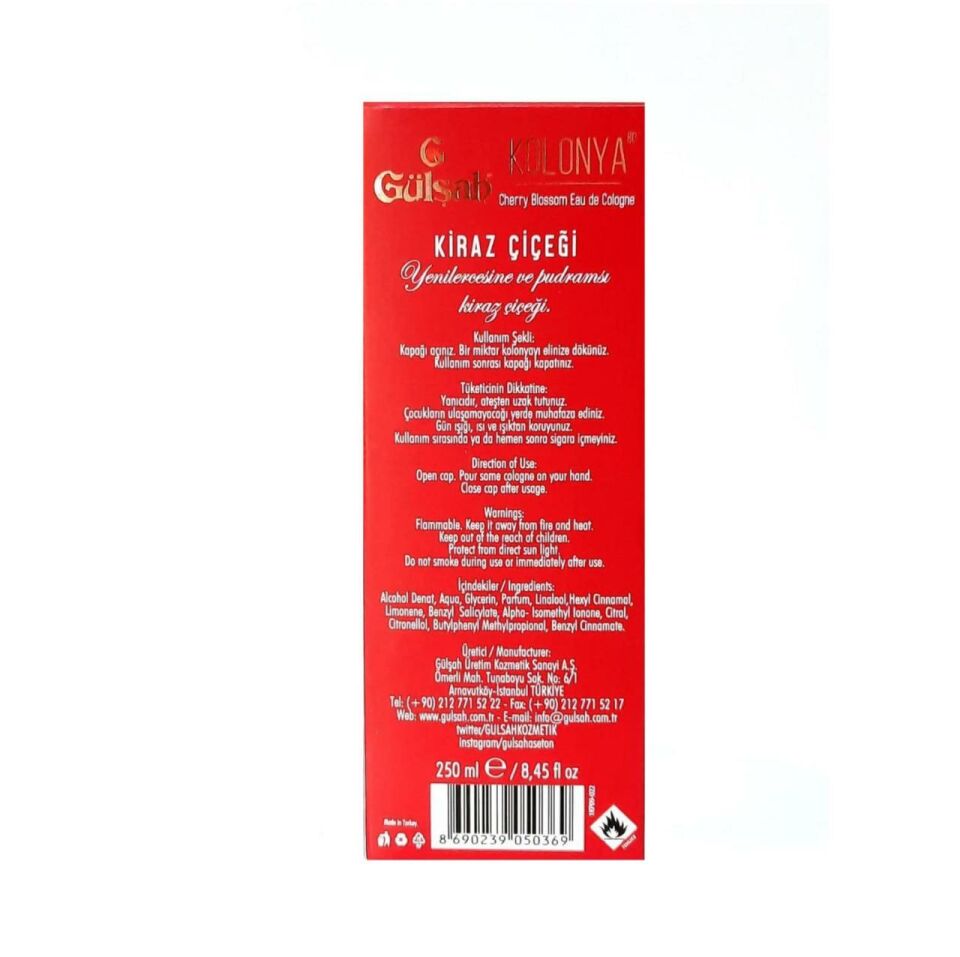 Gülşah Kolonya Kiraz Çiçeği Cam Şişe 250 Ml 80 Derece