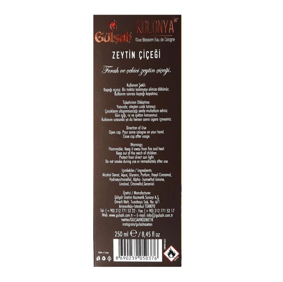 Gülşah Kolonya Zeytin Çiçeği Cam Şişe 250 Ml 80 Derece