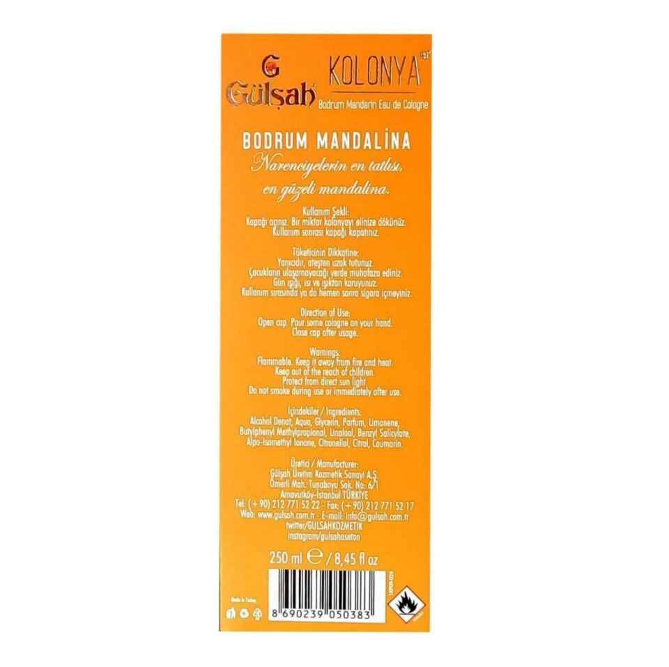 Gülşah Kolonya Bodrum Mandalina Cam Şişe 250 Ml 80 Derece