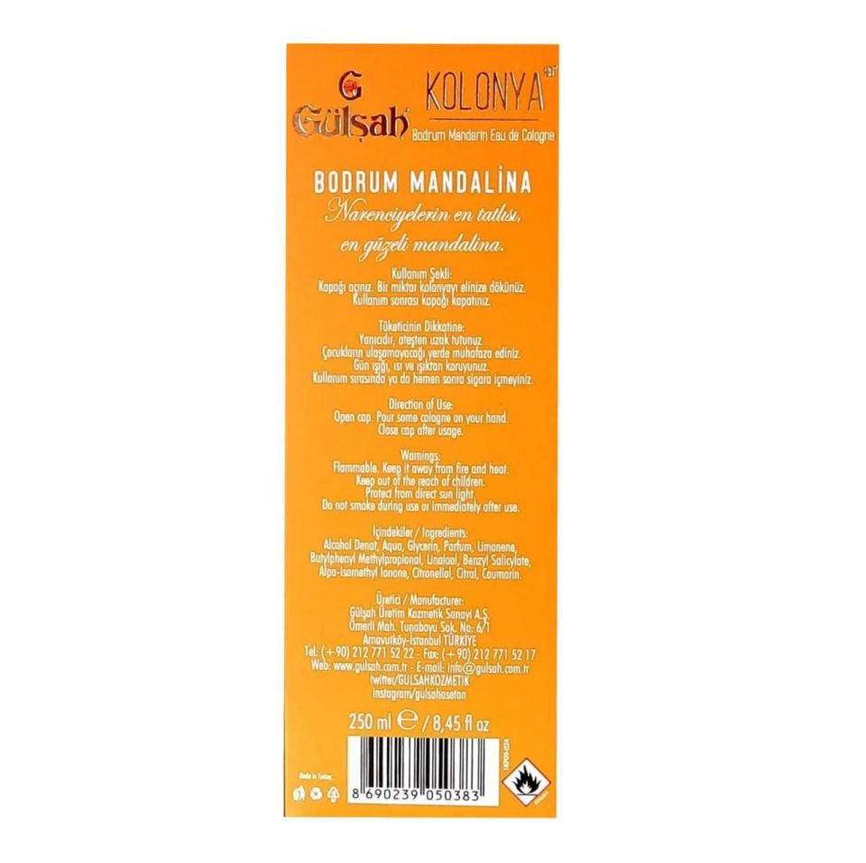 Gülşah Kolonya Bodrum Mandalina Cam Şişe 250 Ml 80 Derece