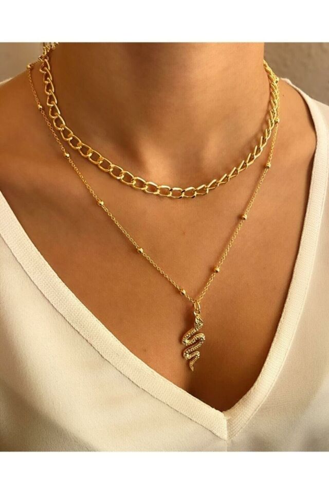 Kadın Yılan Kolye 2'li Kombin Gold