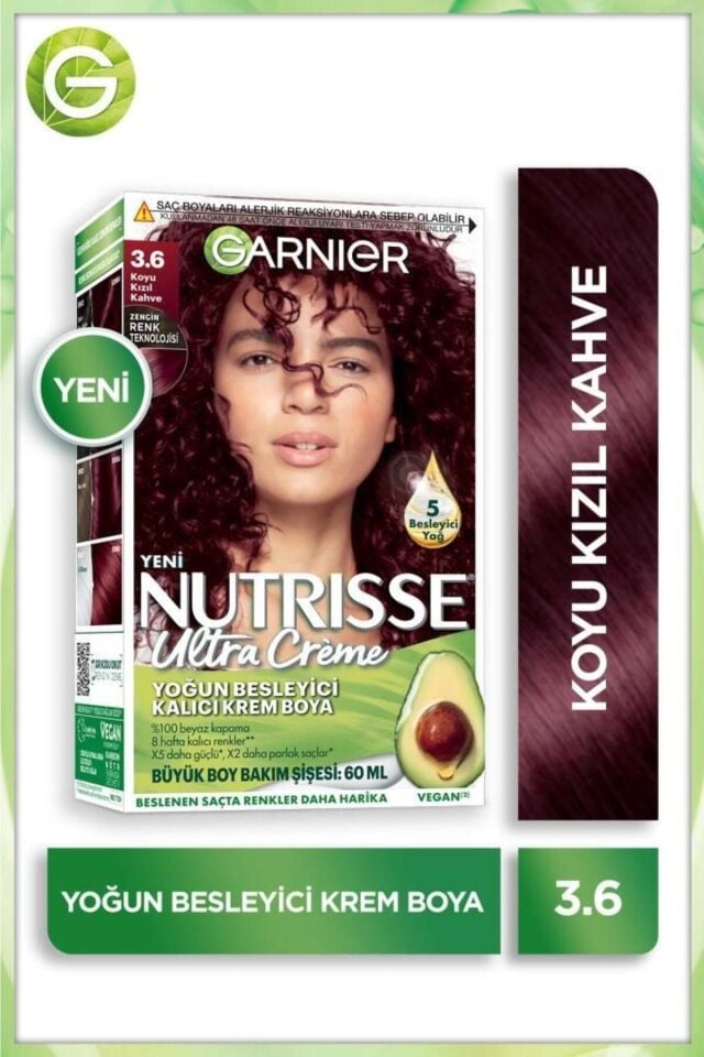 Garnier Nutrisse 3.6 Koyu Kızıl Kahve Besleyici Kalıcı Krem Saç Boyası
