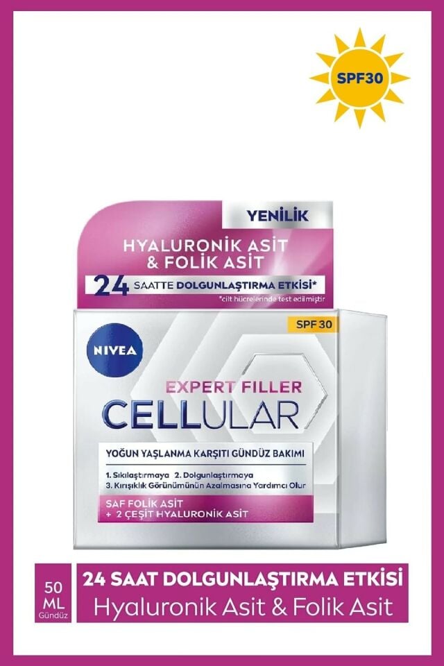 Nivea Cellular Expert Filler Yoğun Yaşlanma Karşıtı Gündüz Yüz Bakım Kremi 50ml, Spf30,hyaluronik As