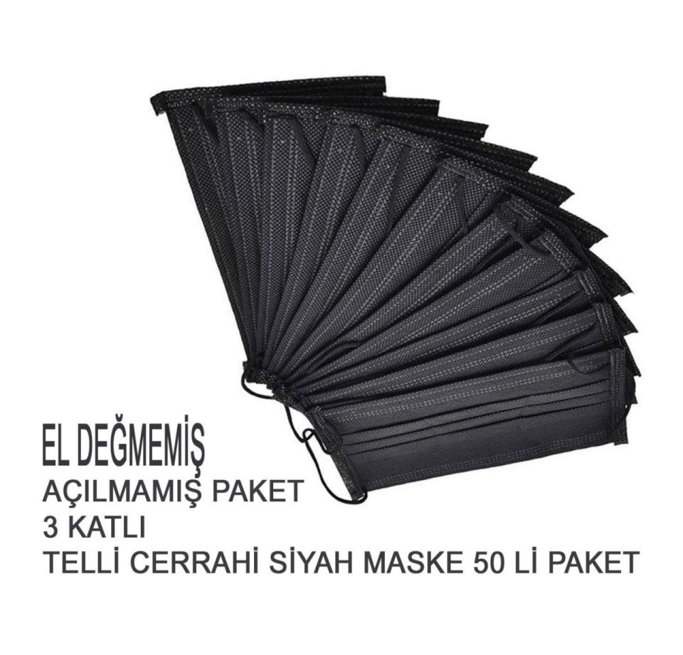 Drn Mask 3 Katlı Lastikli Telli Cerrahi Yüz ve Ağız Maskesi 50 li Siyah