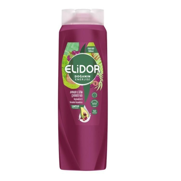 Elidor Doğanın Enerjisi Saç Bakım Şampuanı Avokado ve Üzüm Çekirdeği Yağı Güçlendirici & Parlaklık Kazandırıcı 500 ml
