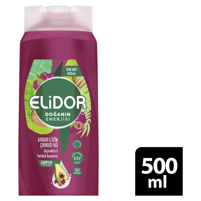 Elidor Doğanın Enerjisi Saç Bakım Şampuanı Avokado ve Üzüm Çekirdeği Yağı Güçlendirici & Parlaklık Kazandırıcı 500 ml