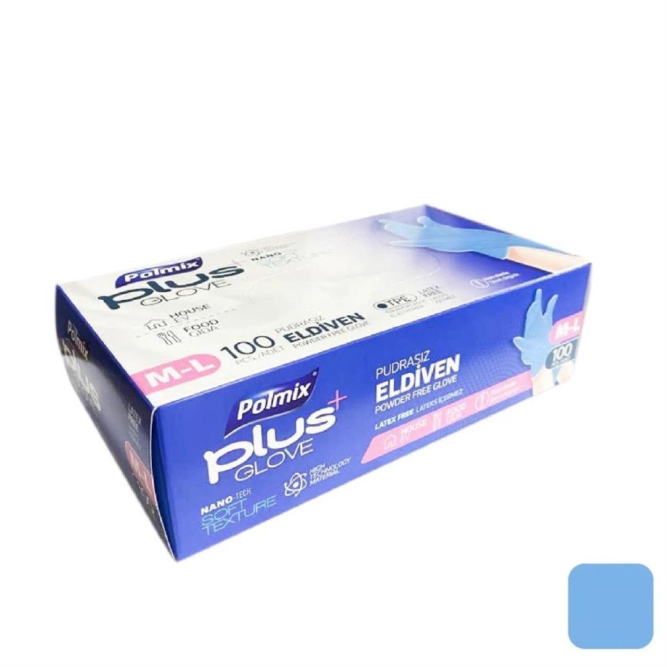 Polmix Plus Pudrasız M-L Mavi Medium - Large Muayene Eldiveni 100 lü