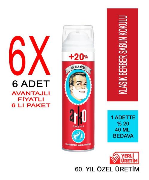 6 x Arko Tıraş Jeli 60.Yıl Özel 240 Ml Klasik Berber Sabun Kokulu %20 Free