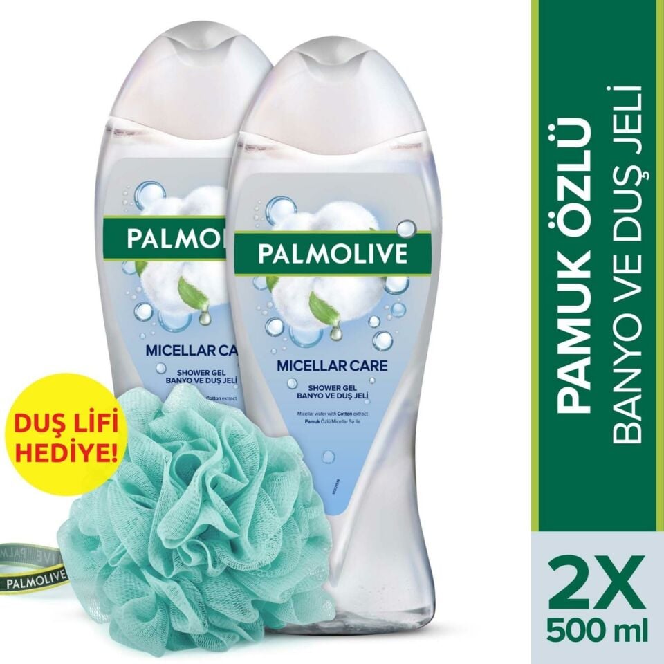 2 Adet Palmolive Duş Jeli Micellar Care Pamuk Özlü 500 ml + 1 Adet Duş Lifi