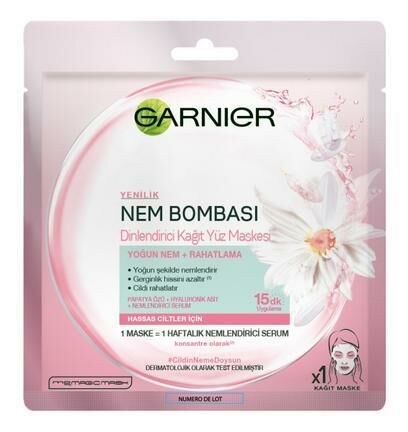 Garnier Nem Bombası Dinlendirici Kağıt Yüz Maskesi Hassas ve Kuru Ciltler İçin