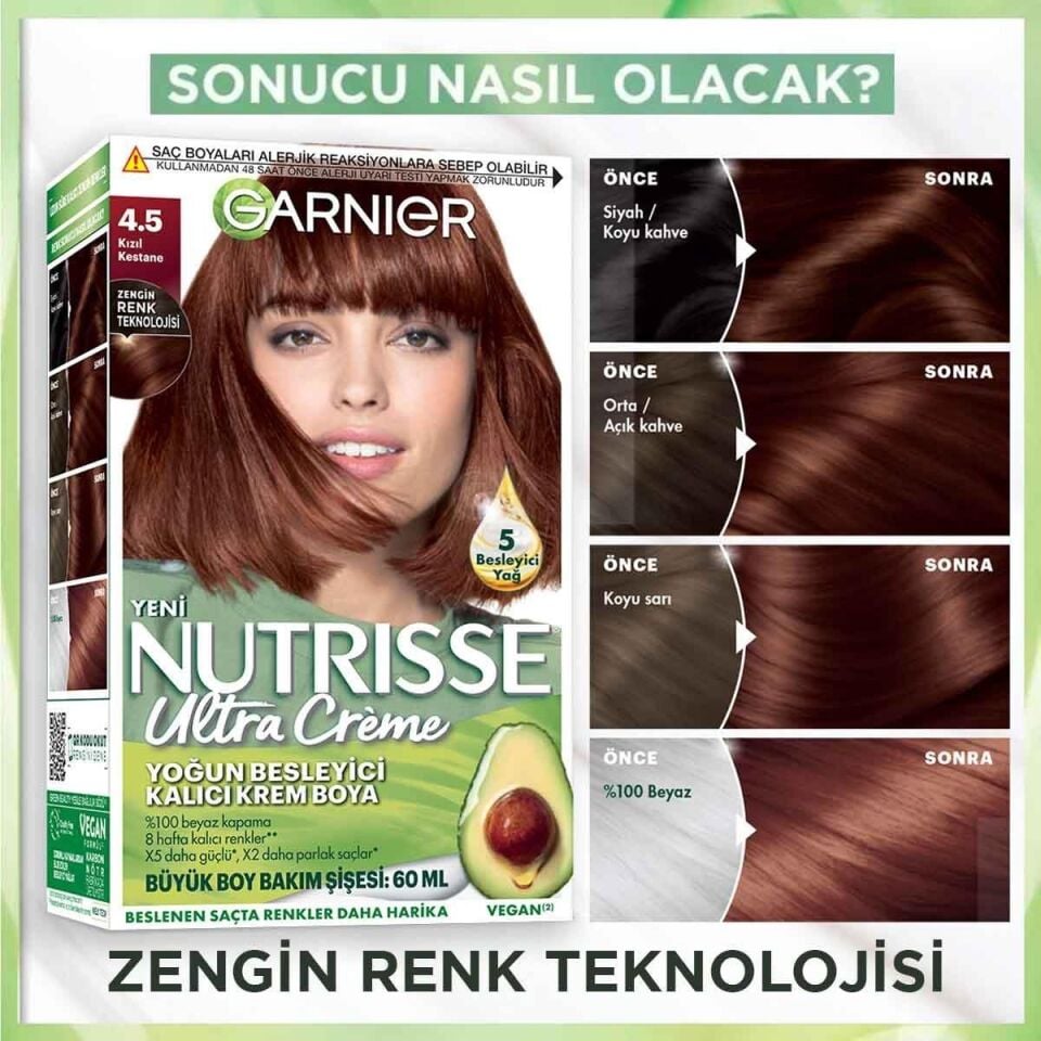 Garnier Nutrisse 4.5 Kızıl Kestane Yoğun Besleyici Kalıcı Krem Saç Boyası