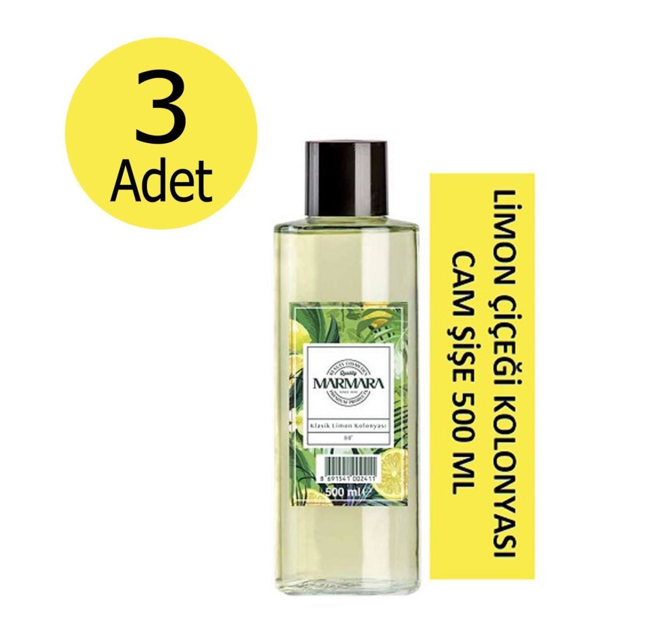 3 Adet Marmara Limon Kolonyası 500 Ml Cam Şişe 80 Derece