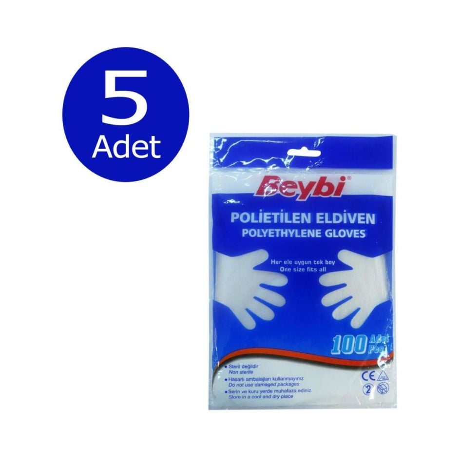 5 Adet x 100 lü ( 500 Adet ) Beybi Polietilen Eldiven Hışır-Şeffaf