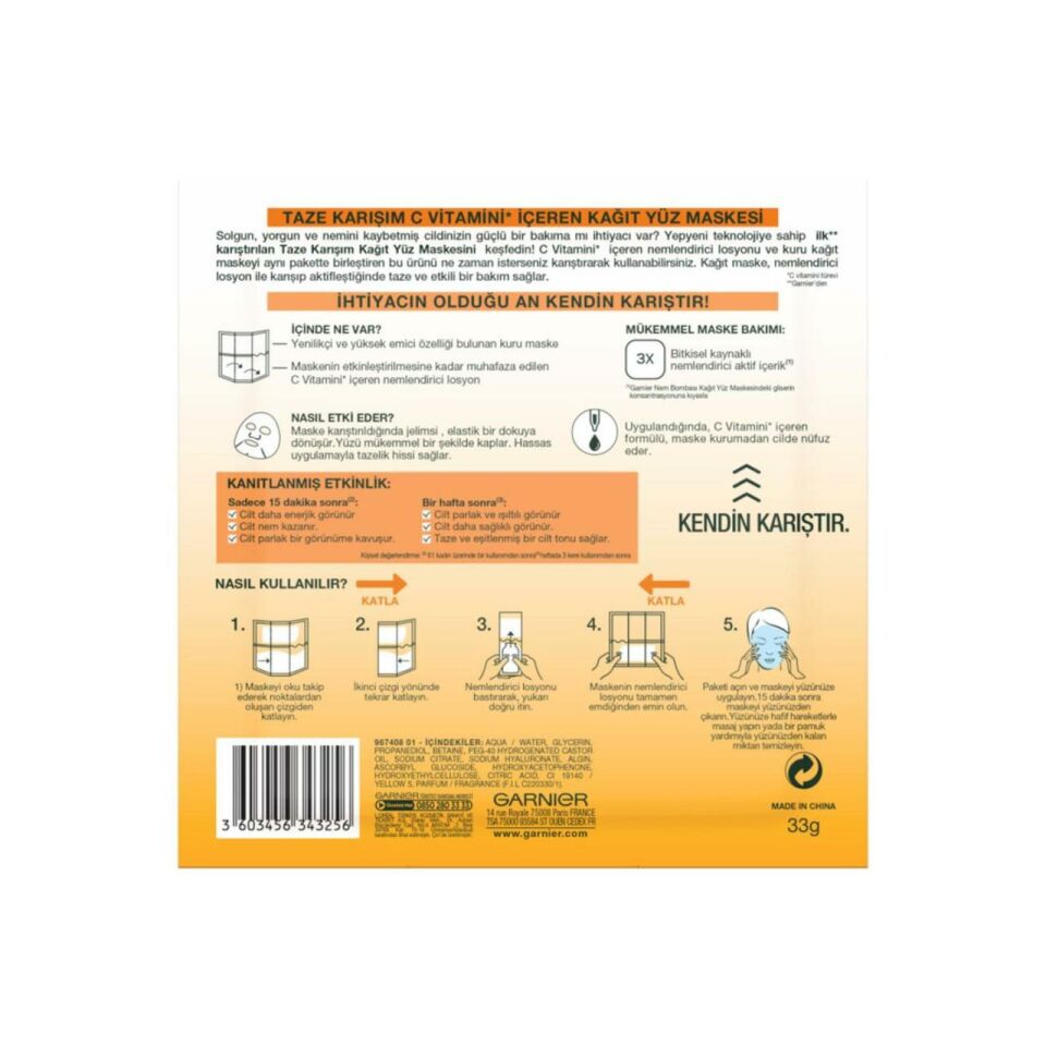 Garnier Taze Karışım Kağıt Yüz Maskesi Vitamin C