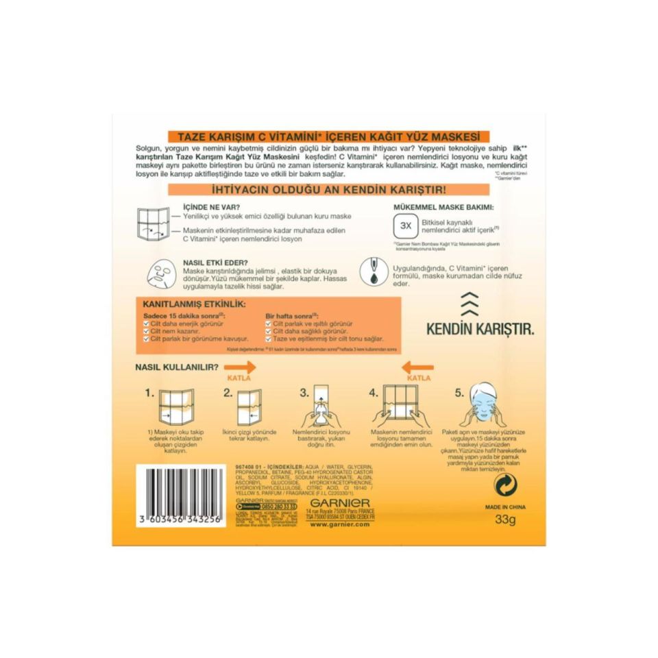 Garnier Taze Karışım Kağıt Yüz Maskesi Vitamin C