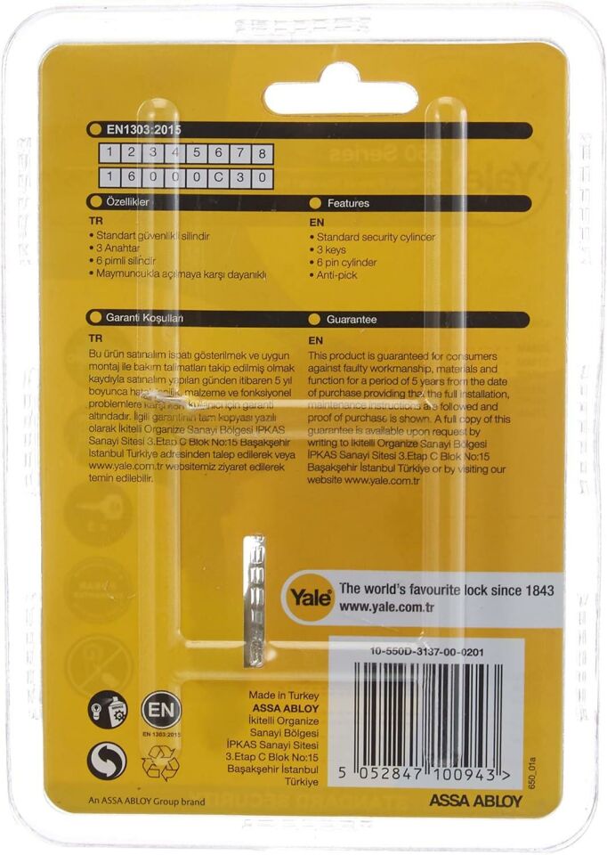 Yale Kilit Göbeği Standart Silindir, Metal, 68 mm / 10-550D-3137-00-0201 650 Serisi Patentli
