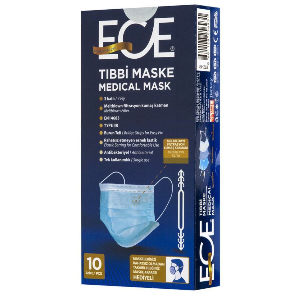 Ece Lastikli Telli Cerrahi Yüz Maskesi 10 lu Mavi