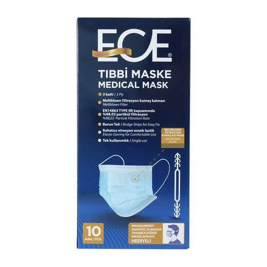 Ece Lastikli Telli Cerrahi Yüz Maskesi 10 lu Mavi