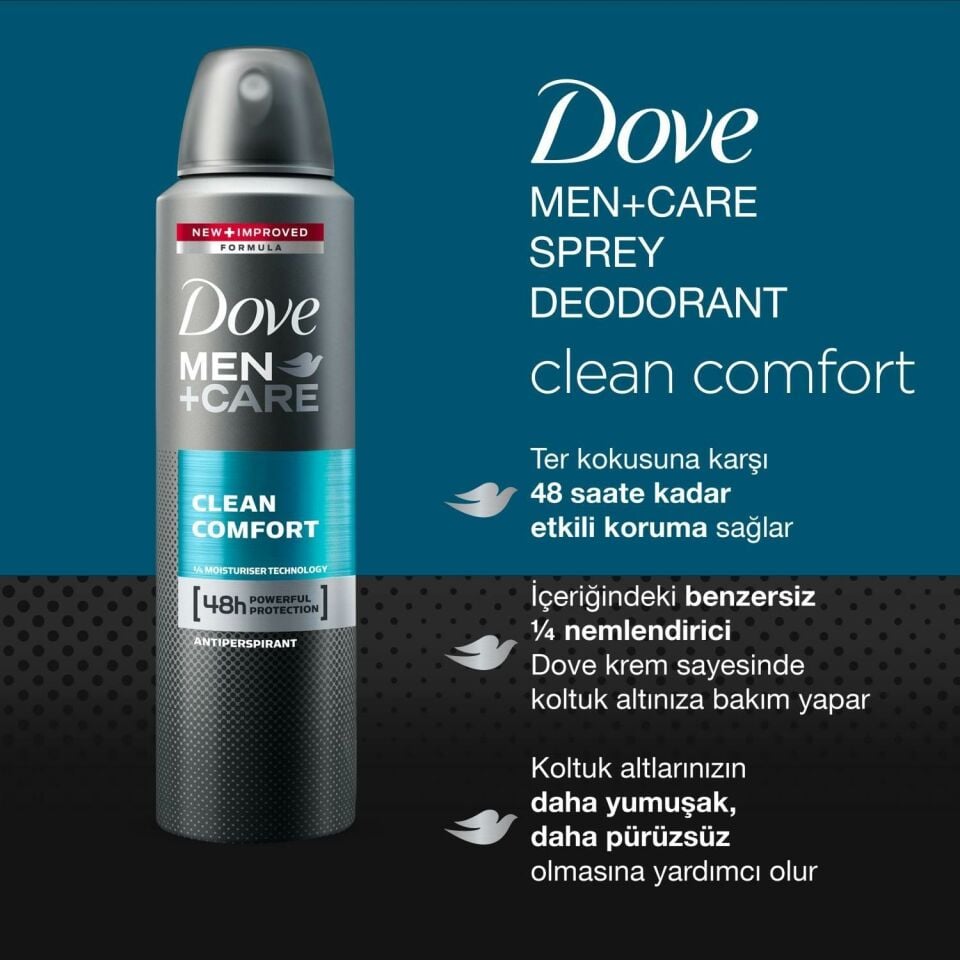 Dove Deodorant Anti-Perspirant Sprey Erkek Clean Comfort 48 Saat Güçlü Koruma 150 ml