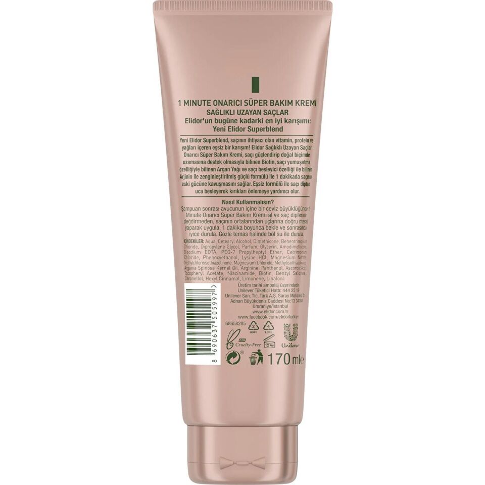 Elidor 1 Minute Onarıcı Süper Saç Bakım Kremi Sağlıklı Uzayan Saçlar 170 ml
