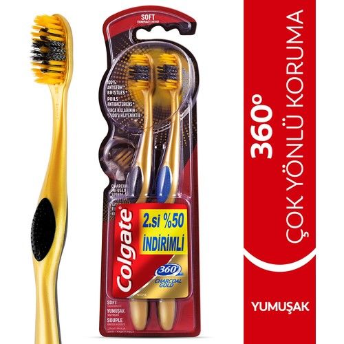 Colgate 360 Charcoal Gold Dil Temizleyici İle Diş Fırçası Orta Yumuşak 1+1