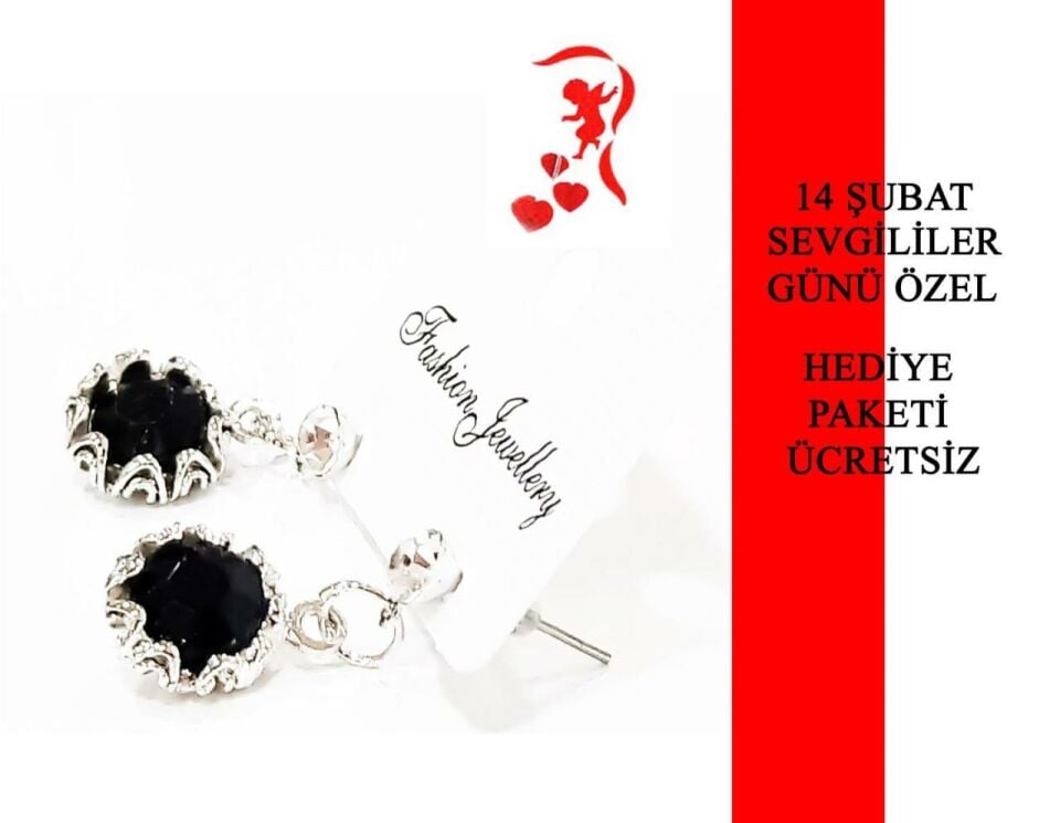 Damla Gümüş ve Siyah Taşlı Gümüş Renkte Aşka 1 Çift Küpe