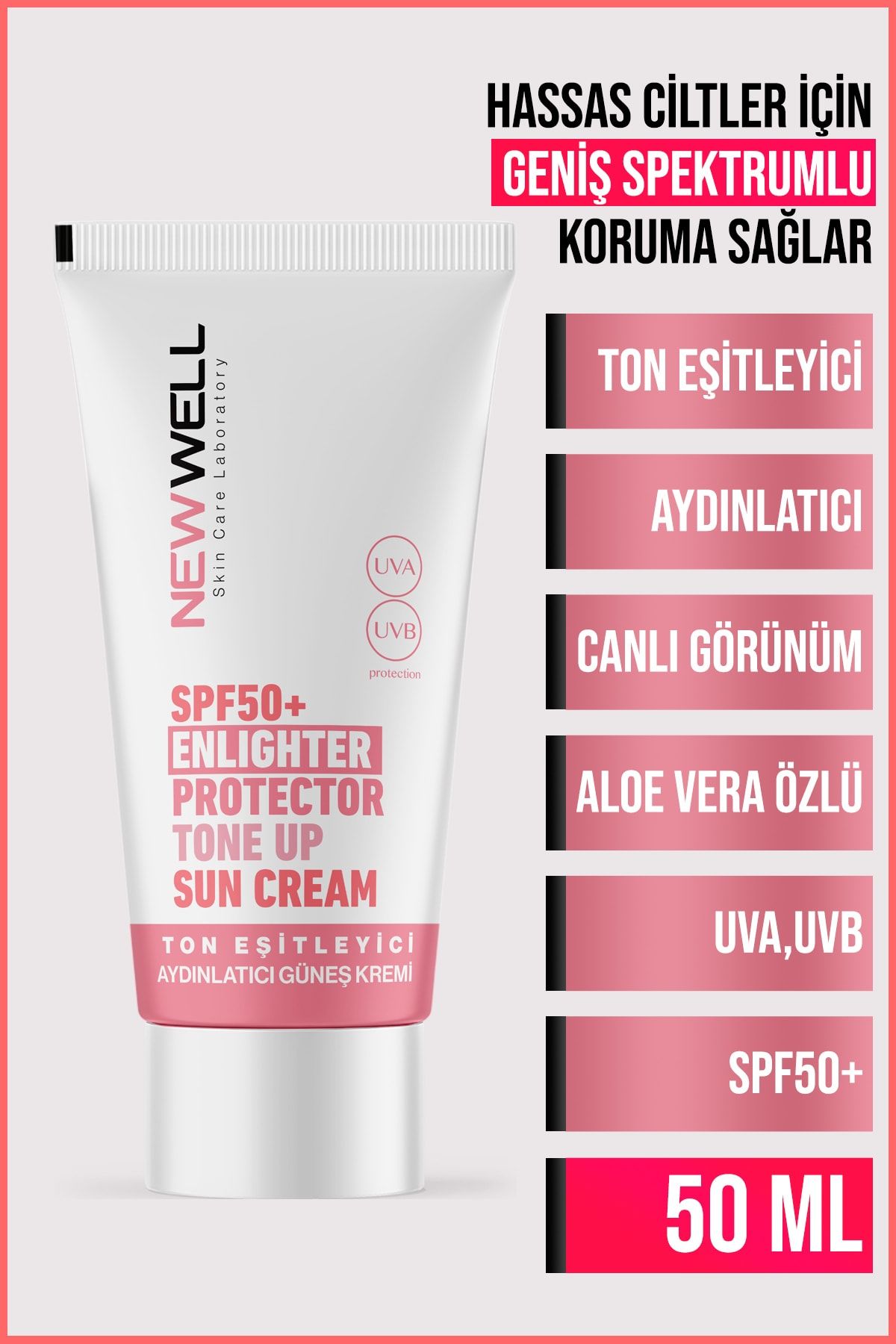 New Well yüksek Koruma Etkili SPF50+ Pembe Yüz Güneş Kremi 50 ml
