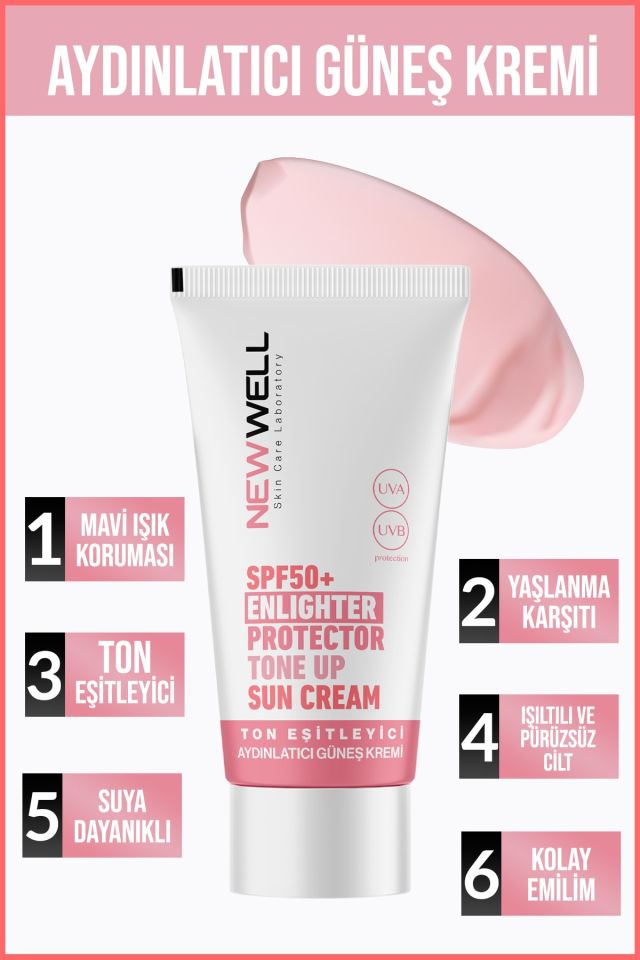 New Well yüksek Koruma Etkili SPF50+ Pembe Yüz Güneş Kremi 50 ml