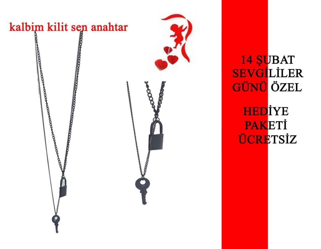 Kalbim Kilit Anahtarı Sen Siyah Kilit ve Anahtar Detaylı Kolye