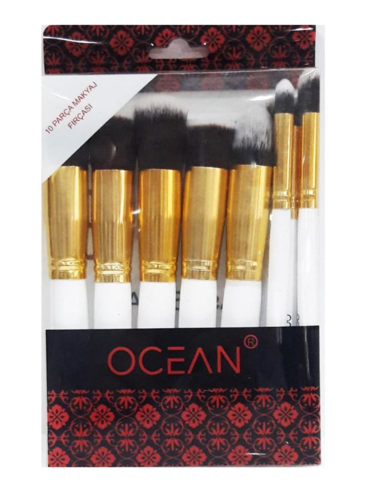 Ocean 10 Parça Makyaj Fırça Seti Beyaz ve Gold Renkte Ahşap Saplı