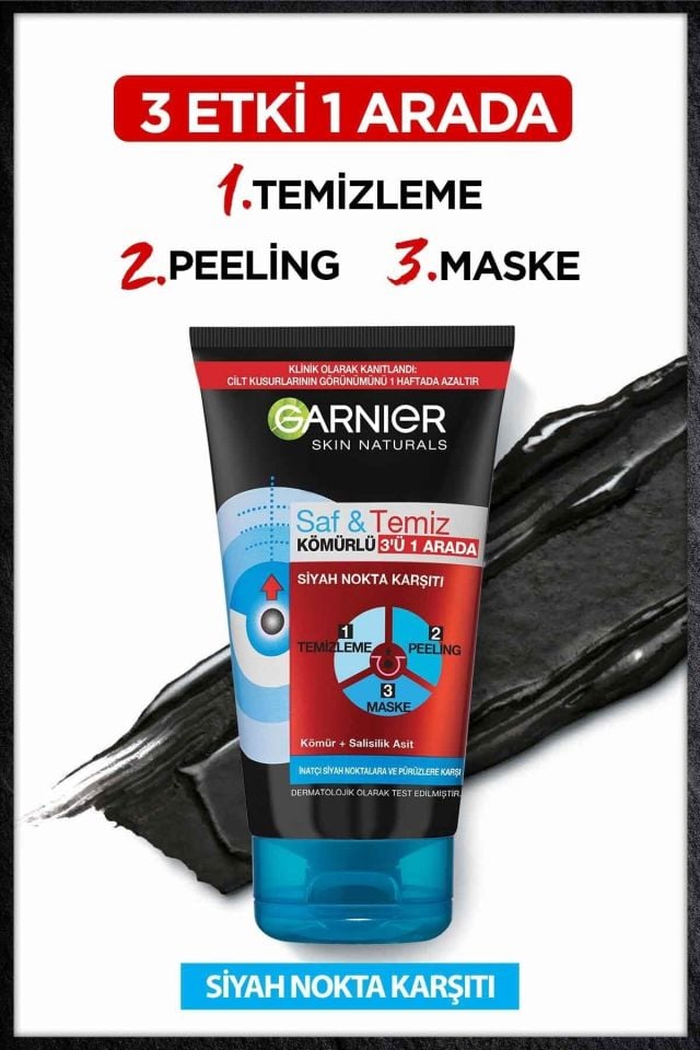 Garnier Saf Temiz Peeling Maske Siyah Nokta Karşıtı Kömürlü 3ü 1 arada 150 Ml