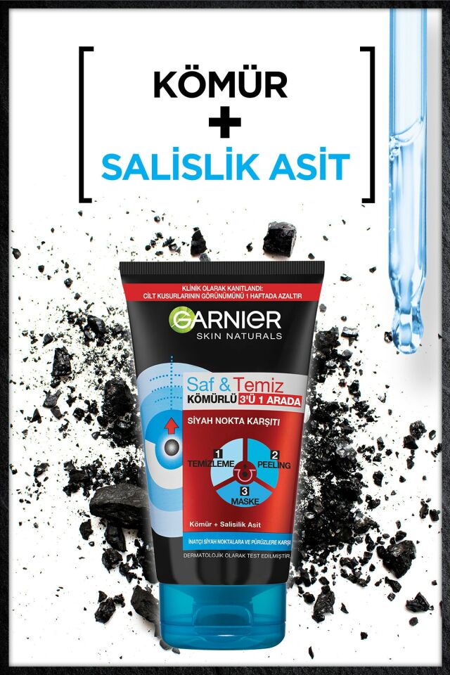 Garnier Saf Temiz Peeling Maske Siyah Nokta Karşıtı Kömürlü 3ü 1 arada 150 Ml