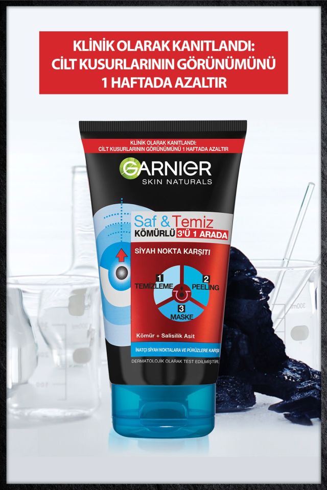 Garnier Saf Temiz Peeling Maske Siyah Nokta Karşıtı Kömürlü 3ü 1 arada 150 Ml