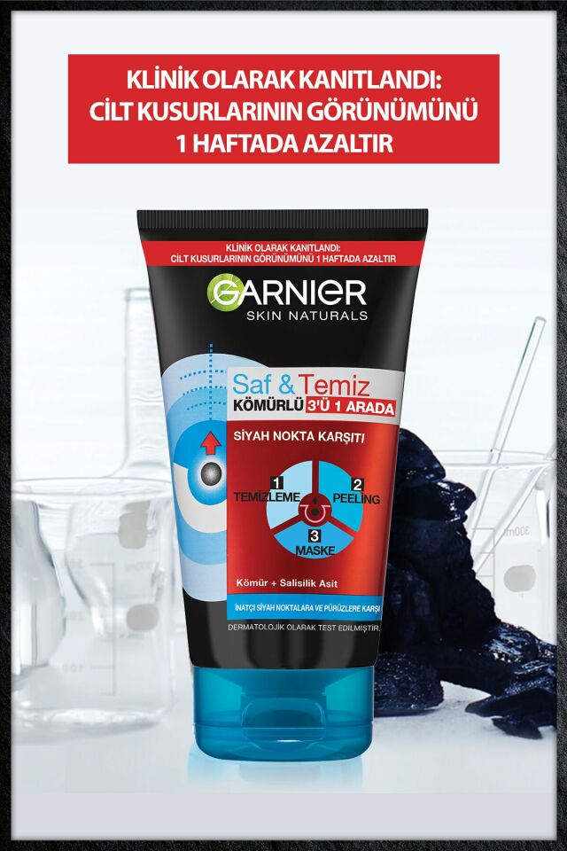 Garnier Saf Temiz Peeling Maske Siyah Nokta Karşıtı Kömürlü 3ü 1 arada 150 Ml