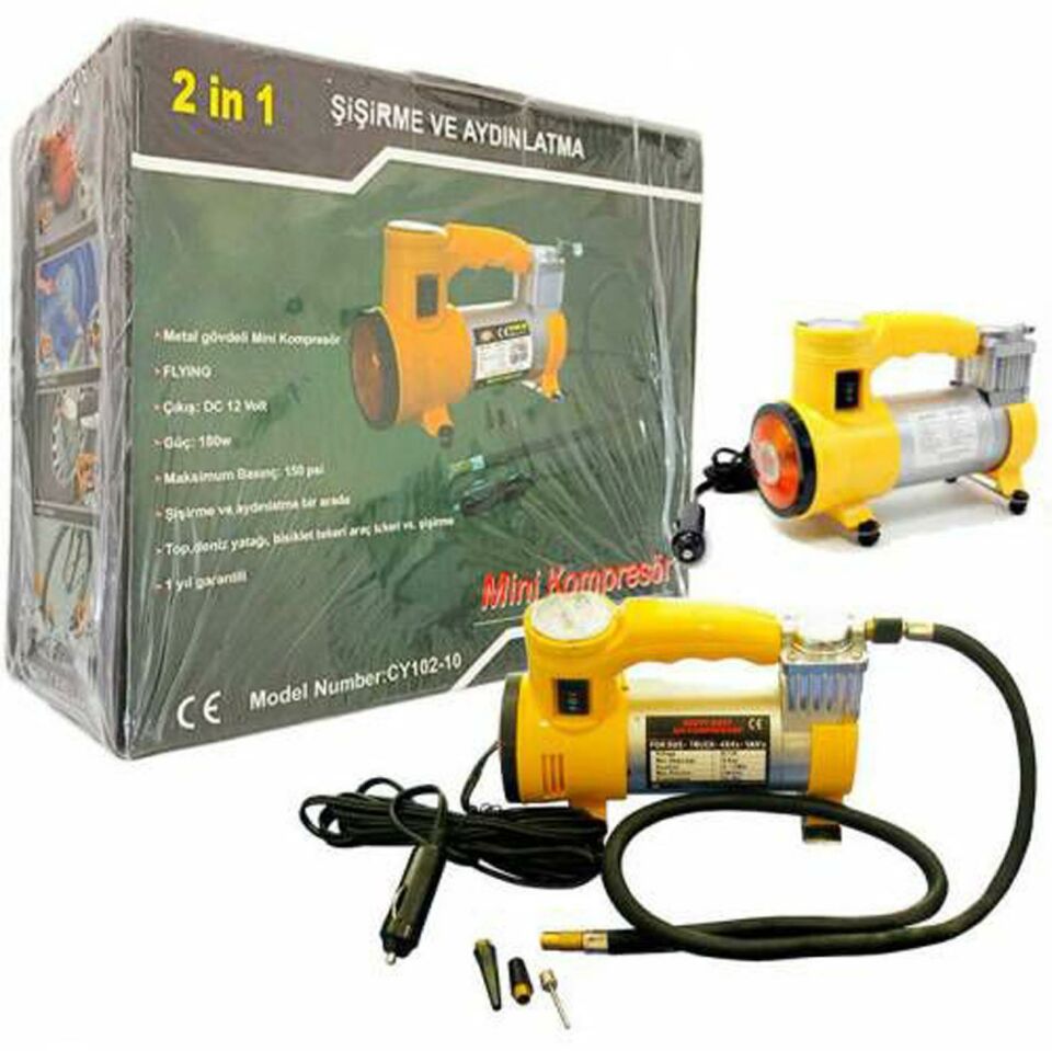 Flying 12V Çakmaklı Hava Kompresörü Metal Gövde Şişirme ve Aydınlatma