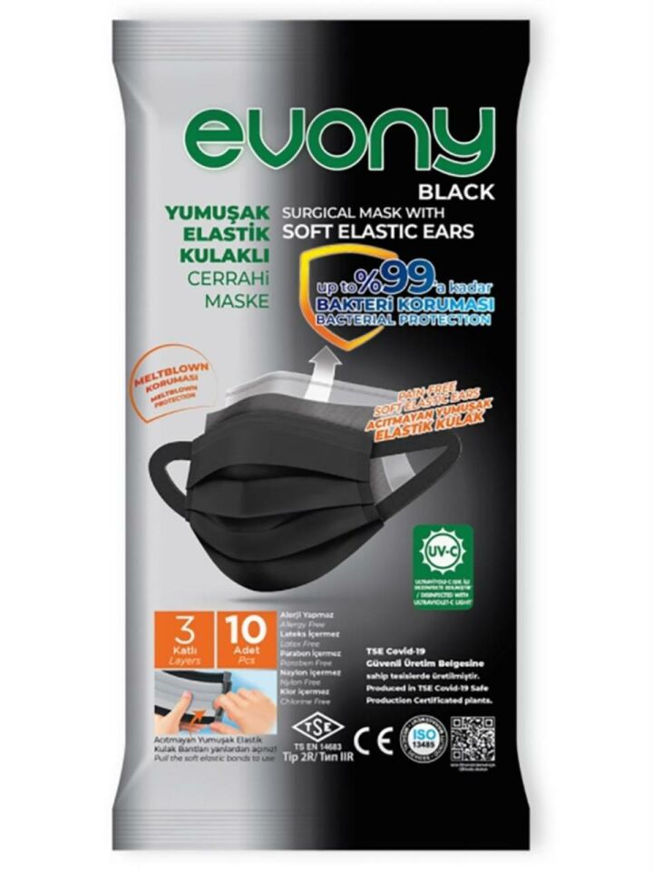Evony Cerrahi Maske Siyah 10 Adet